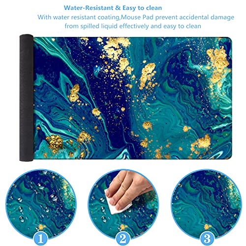 iCasso Extended Gaming Mouse Pad (35.4x15.7 in), Large Non-Slip Rubber Base Mousepad with Stitched Edges, Waterproof Keyboard Mouse Mat Desk Pad for Work, Game, Office, Home - Blue Marble - XXL - color: Blue Marble