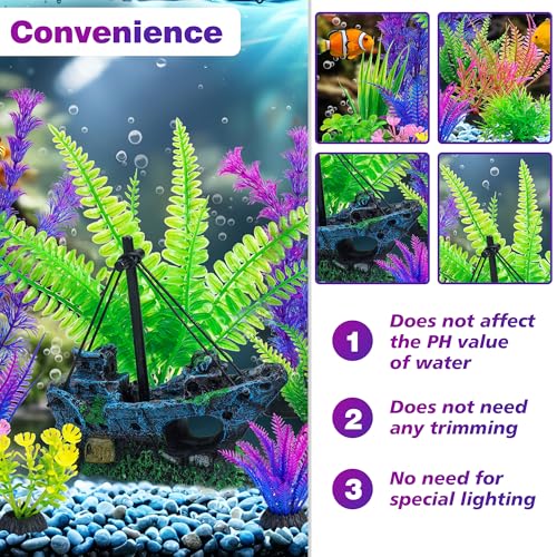 Fish Tank Decor Set with Shipwreck Decoration, Little Diver Floating & 13 Aquatic Artificial Plants - Betta Plants & Hiding Spots for Aquariums and Small Fish Tank Accessories