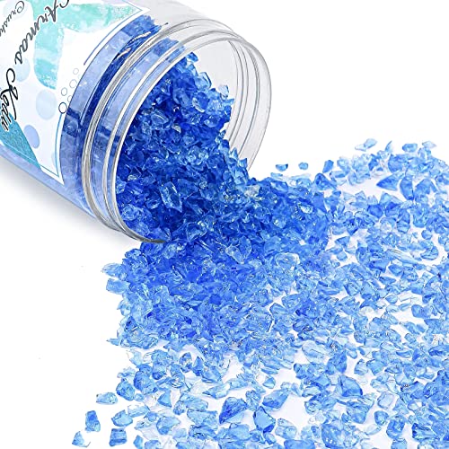 1.5 lb Ocean Blue Crushed Glass for Resin Art and Crafts, 3-6mm Chunky Broken Glass Pieces, Solid Color Irregular Shards for Geode, Vase Filler, Aquarium Decor & DIY Crafts - color: Ocean Blue