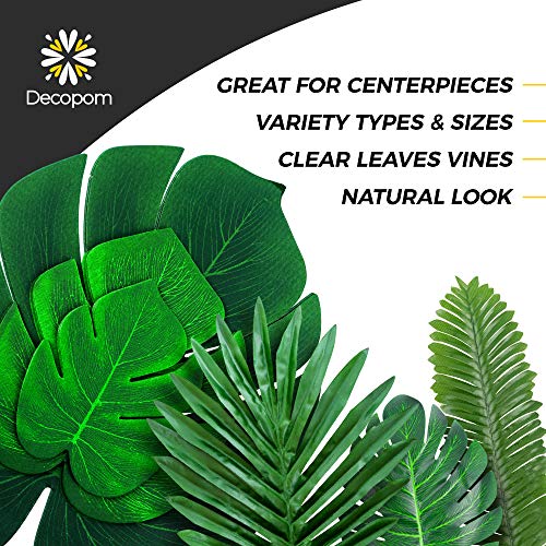 Decopom Palm Leaves Artificial Tropical Monstera-84Pcs 6 Kinds Large Small Green Fake Palm Leaf with Stems for Safari Jungle Hawaiian Luau Party Table Decoration Wedding Birthday Theme Party - style: 84 Pack