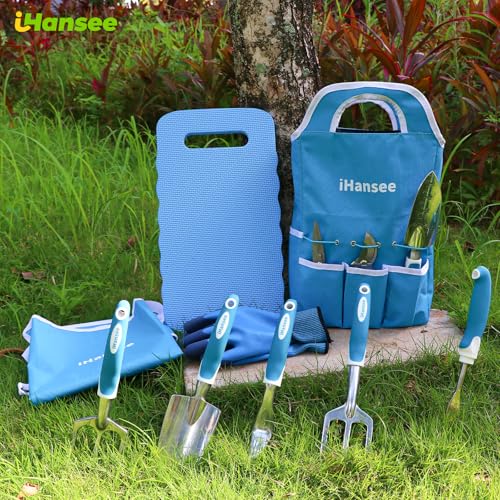 Blue Garden Tool Sets 12-Piece, Aluminum Gardening Hand Tools w/Ergonomic Handle, Garden Supplies Organizer Handbag, Kneeling Pad, Apron and Gloves, Gift for Women, Garden Starter Kit for Women - style: blue