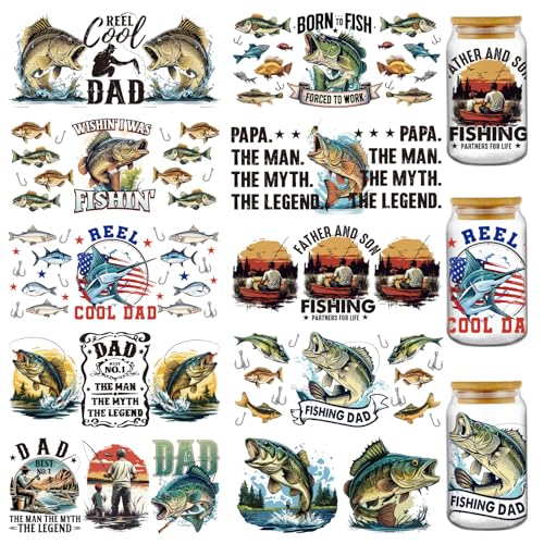 Funny UV DTF Decals - 10 Sheets Father and Son Fishing UV DTF Cup Wraps for 16 oz Glass Coffee Mug, Born to Fish Fun Waterproof Transfer Sticker DIY Water Bottle Craft Creative Decorative Gift for Son - style: Fishing