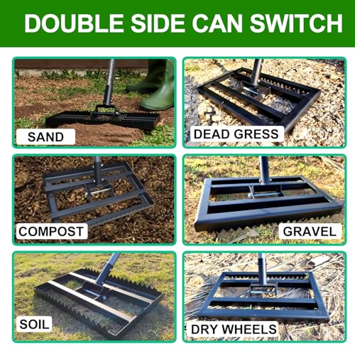 Lawn Leveling Rake - Heavy Duty Yard Leveler , Reinforced Welds, 74" Adjustable Handle, Reversible Plate for Soil, Dirt, Ground, Backyard Top Dressing, Landscaping (17x10 inch)