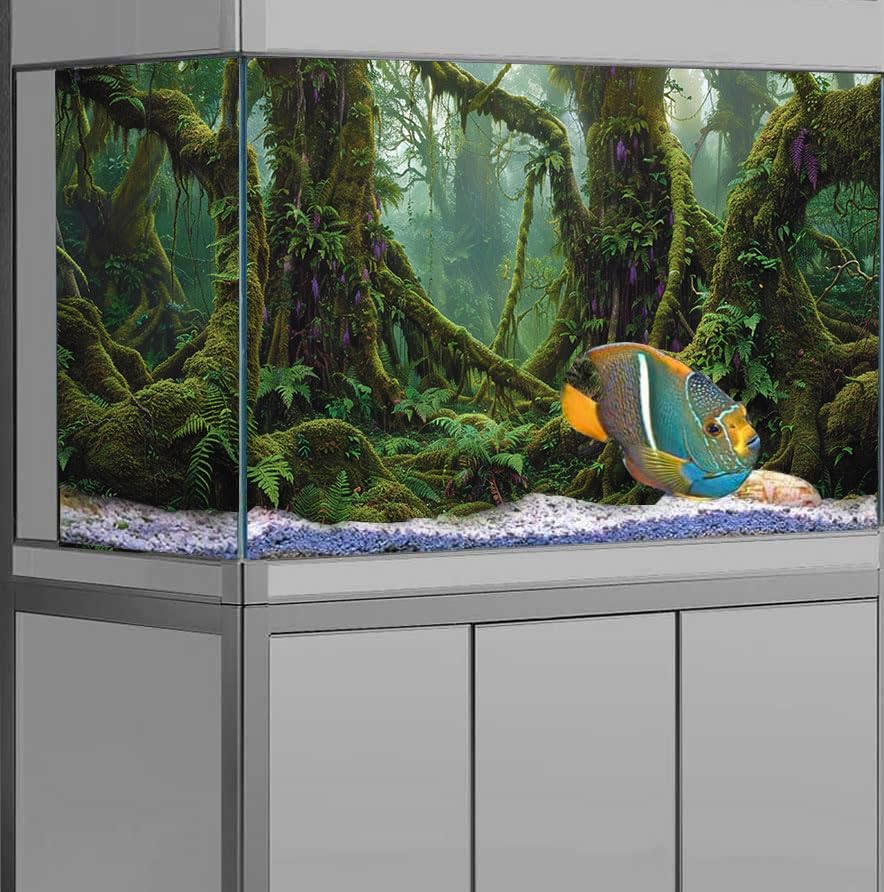 Tropical Forest Aquarium Background, Green Huge Tree Reptile Habitat Rainforest Terrarium Background, 6 EVA Double-Sided Tapes 48x24 inches/120x60 - color: Tree, size: 48"L x 24"W