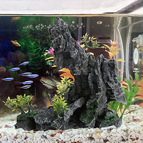 Saim Large Aquarium Mountain View Stone Ornament, Resin Rockery Fish Hiding Cave Aquarium Decoration for Amano Shrimp Cichlid to Play,Hide and Rest Fish Tank Landscape Decoration
