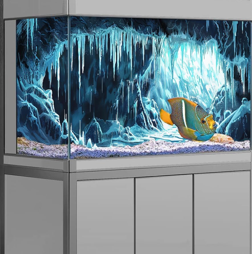 30X18IN Ice and Snow Background Aquarium Background, 3D Image of Underwater Fish Tank Decoration, Cave Icicle Greenery Terrarium Background with 10 EVA Double-Sided Tape