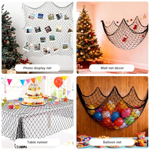 Fish Net Decorations for Party - 80x40 in Black Fishing Net Decor Halloween Gothic Pirate Party Decorations, 3mm Natural Cotton Decorative Netting Table Runner Photo Display Backdrop Wall Decor - color: Black, size: Large - 1 Pack
