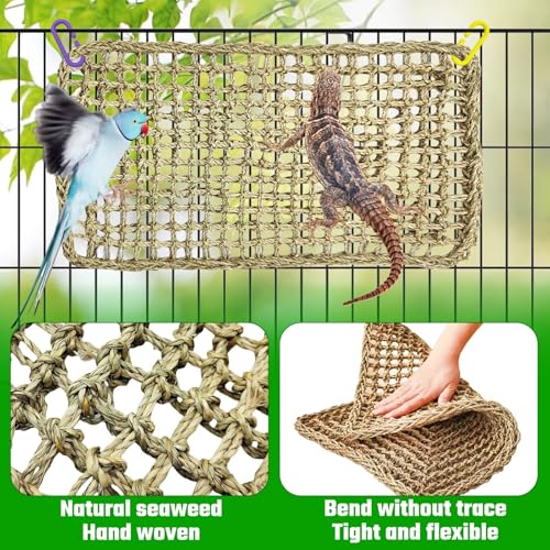 Large Bird Seagrass Mat 24 × 14 ''Natural Seagrass Woven Bird Net Hammock Climbing Rope Ladder with Hooks Chew Toy for Parrot Guinea Pig Lovebird Cockatiel Pigeon - size: 2Pcs 23.6×13.8‘’