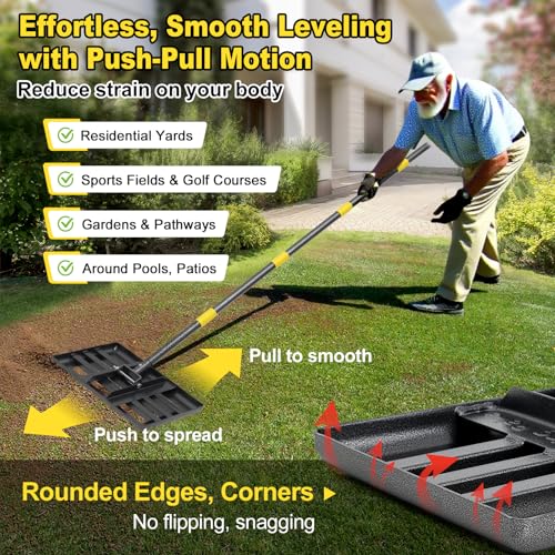 Lawn Leveling Rake: Anti Flipping 17" x 10" Stainless Steel Lawn Ground Leveler for Soil, Heavy Duty Grass Top Soil Dressing Leveling Rake, Home Lawn,Golf Field,Yard Landscaping Tool, 60” Long Handle