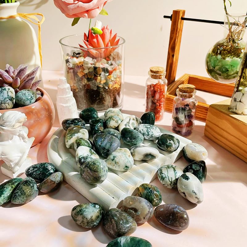 DUQGUHO Moss Agate Crystals Bulk Natural Irregular Polished Stones Tumbled Crystals Gemstone Rocks for Beginners Gift 200g - color: Moss Agate