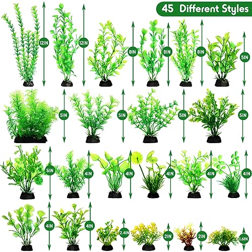 XunYee 100 Pcs Artificial Aquarium Plants, Plastic Fish Tank Decorations, 1.57 to 11.81 Inches Green Plants, Turtle Betta Accessories for Aquarium Home Office, 45 Styles