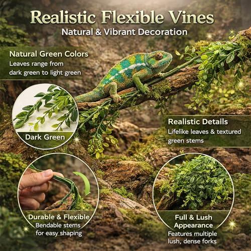 HERCOCCI 2 Pack Reptile Plants, Terrarium Hanging Plants Vines Artificial Leaves Habitat Decorations with Suction Cup for Bearded Dragon Hermit Crab Lizard Snake Geckos Chameleon - color: 2 Pack