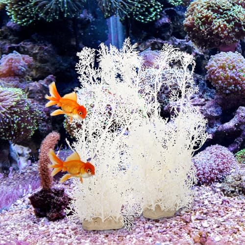 DOITOOL Artificial Fish Tank Plants - 2 PCS Plastic Aquarium Decorations White Fish Tank Accessories Aquarium Decor Plastic Plants - 15.33 inch Tall (White)