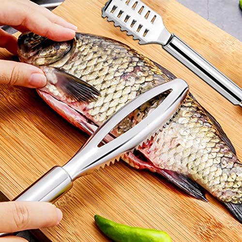 Fish Scaler Remover, Fish Scales Scraping Tool, Fishes Scaler Scraper with Grip Handle Fast Cleaning Skin Steel Brush Fishes Peeling Scraper(COLOR:Silver)