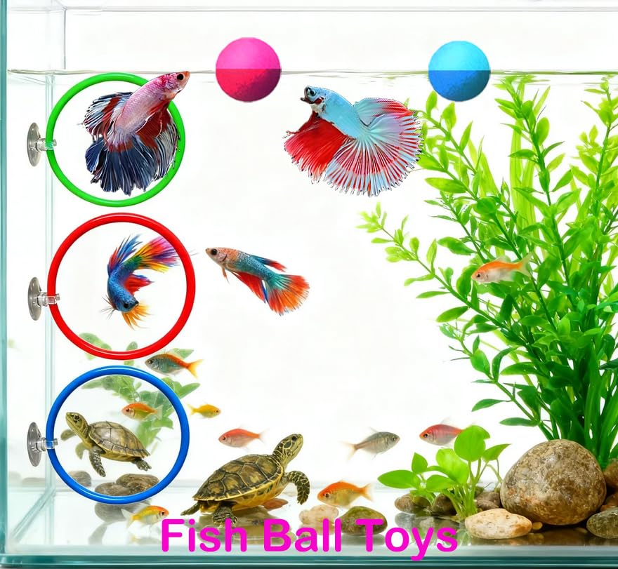 9 pcs Betta Fish Enrichment Toys Fish Exercise Rings Tank Decoration Set Feeding Rings Training Ring Feeder Fish Toys Floating Mirror Balls Resting Spot for Stress-Free Fish Aquarium Accessories