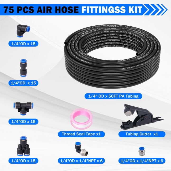 1/4" Air Line Tubing Kit, 50 FT(15M) DOT Air Line PA Nylon Tubing with Push to Connect Fittings, 1/4 Inch OD Quick Connect Air Hose Kit for Compressor Accessories System (75 Pcs)