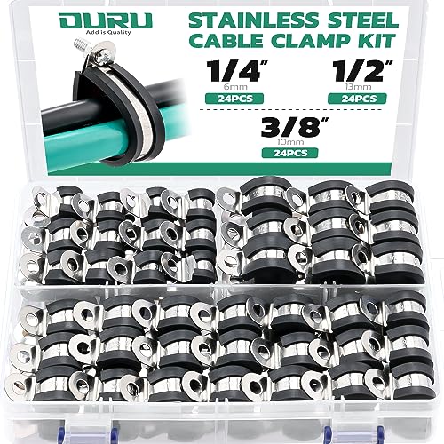 72PCS Stainless Steel Cable Clamp,Rubber Coated Cushioned Insulated Cable Clamps Assortment Kit-Metal Wire Clamps,Cable Clips,Pipe Clamps