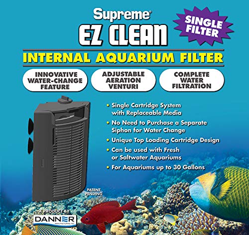Danner Manufacturing, Inc., Supreme EZ Clean Single Internal Filter for Freshwater or Saltwater Aquariums with Top Loading Cartridge Design, 01155