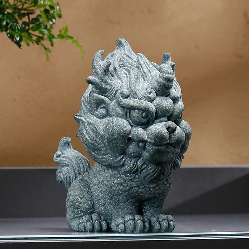 livelyfish Asian Foo Dog Statue Lion Sandstone Sculpture Ancien Chinese Qi Lin Statue for Fish Tank Aquarium Garden Bonsai Decorations, L - size: Large