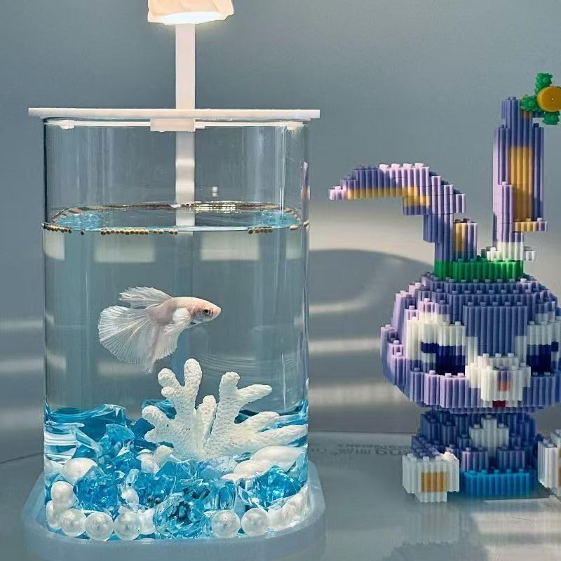 Portable Fish Tank, Small Fish Tank, 0.45 Gallon Fighting Fish Tank, Suitable for Office, Home and Travel Fish Tanks, Including Pearl Coral Decoration, Equipped with LED Lights and USB Plug