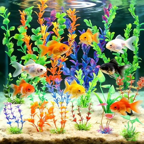 Aquarium Plants 16P, Plastic Fish Tank Plants, Different Types Artificial Decor Aquarium Artificial Plastic Plants, Turtle Goldfish Betta Fish Tank Decor Set, Fish Decor for Tank (Colorful)