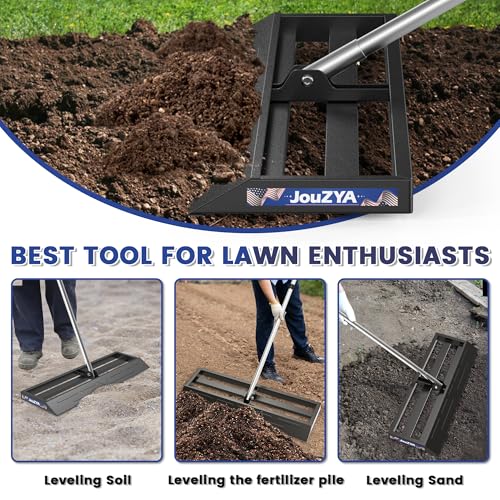 JouZYA Lawn Leveling Rake 30x10 inch, Leve Lawn Tool with Stainless Steel, Lawn Leveler 27-80" Adjustable Handle, Yard Leveling Rake Heavy-Duty for Garden, Golf Course, and Farm