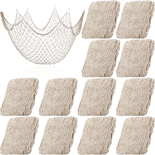 Chumia 12 Pcs Fish Net Decorative Hanging Party Supplies 78.7 x 59 Inch Nautical Party Decorations Natural Cotton Fishnet Accessory for Hawaiian Pirate Fishing Theme Supplies (Beige) - color: Beige