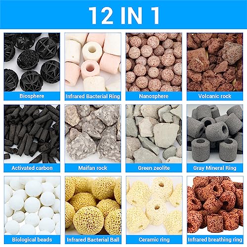 Segarty Filter Media,12 in 1 Bio Media for Aquarium Sump Filter Ceramic Rings Activated Carbon Bio Balls Freshwater Marine Biological Filter Media for Koi Fish Tank Pond Canister (1.1lb with Mesh Bag) - color: 12 in 1, size: 1.1 lb