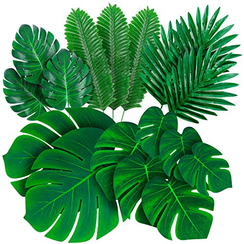 Decopom Palm Leaves Artificial Tropical Monstera-84Pcs 6 Kinds Large Small Green Fake Palm Leaf with Stems for Safari Jungle Hawaiian Luau Party Table Decoration Wedding Birthday Theme Party - style: 84 Pack