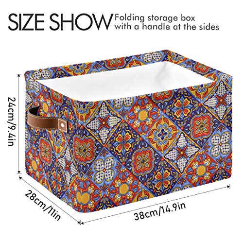 Foldable Storage Baskets, Mexican Ceramic Tile Pattern Storage Bins with Handles, Decorative Cloth Organizer Storage Boxes for Home|Office 15 x 11 x 9.5 in - color: Mexican Ceramic Tile Pattern, size: 1 PCS