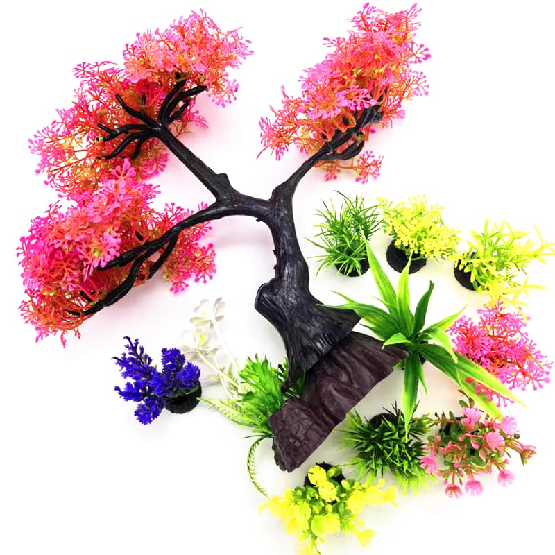 Artificial Aquarium Plants, Fish Tank Decorations, 10 Pcs Cherry Blossom Aquarium Fish Tank Simulation Aquatic Grass Plastic Grass Pine Tree Combination(Pink)