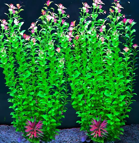 2 pcs Aquarium Decor Plants 21 Inches Extra Large Artificial Plastic Fish Tank Plants with Flowers, Tall Fish Tank Decoration for Betta Fish Tank - color: Grass Green