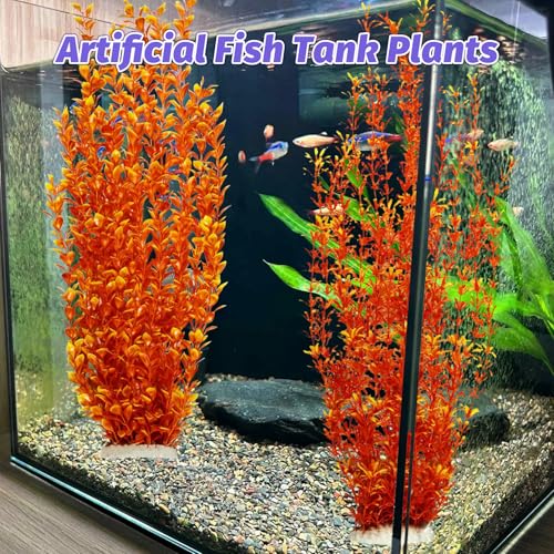 Hamiledyi Aquarium Plastic Plants Aquarium Decor Artificial Fish Tank Plants,Tall Fish Tank Decorations, Extra Large Aquarium Plant 23.6-inch Tall,2PCS（Orange Style A） - color: Orange（style A）