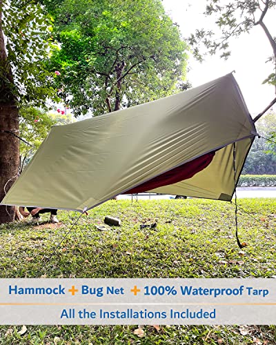 Camping Hammock, Portable Single & Double Hammock with Net, 2 Person Hammock Tent with 2 * 10ft Straps, Best for Outdoor Hiking Survival Travel