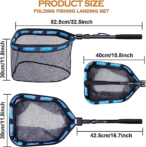 PLUSINNO Floating Fishing Net for Steelhead, Salmon, Fly, Kayak, Catfish, Bass, Trout Fishing, Rubber Coated Foldable Landing Net with Fixed or Telescoping Pole Handle, Fishing Gear and Gifts for Men - color: 2 Pack - 0.8M Blue