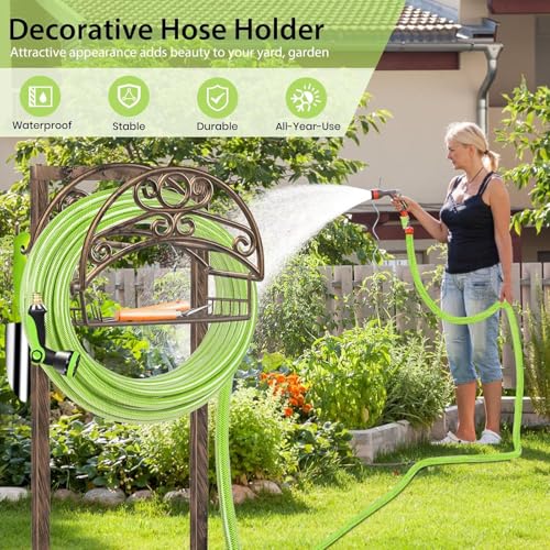 TomCare Garden Hose Holder Upgraded Water Hose Holder Heavy Duty 4 Spikes Hose Hanger Holds 160 Feet Hoses Stable Freestanding Hose Storage Organizer for Outside Yard - color: Bronze