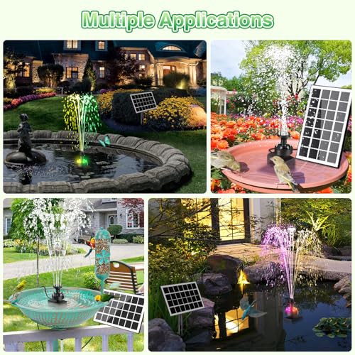 Jutai Solar Fountain Kit Colorful Lights,3.5W Glass Panel Solar Water Pump with 2000mAH Battery, Sucker & Stake for Bird Bath, Garden, Outdoor, Water Feature-16.4ft Power Cord,7 Nozzles - color: Colorful Led