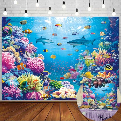 Under The Sea Backdrop Ocean Underwater World Tropical Fish Coral Summer Photography Background Aquarium Theme Baby Shower Birthday Party Decorations Banner Photo Props (8x6FT) - size: 8x6FT