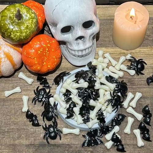 HappyFiller Home Decoration 450 PCS Black Mini Acrylic Spiders Bat Mix Ivory Color Bones for Sensory Bin Gems,Vase Fillers,Table Scatters - color: Black/White