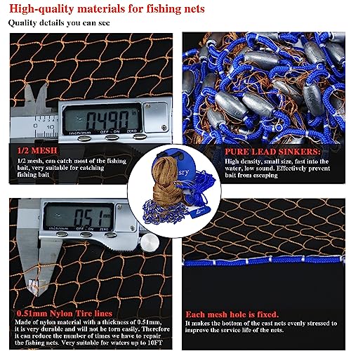 Drasry Saltwater Fishing Cast Net for Bait 3/8 1/4 or 1/2 with Heavy Sinkers Fish Trap Throw Net. Size 3ft/4ft/5ft/6ft/7ft/8ft/9ft/10ft Radius Freshwater Nets - size: 4FT (120cm) Radius, style: Lead Sinkers-0.5 in Mesh-tire Lines