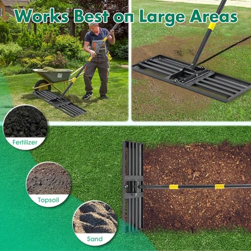 Lawn Leveling Rake,Folding 30x10 Inch Ground Plate,70 Inch Adjustable Long Handle Yard Level Tool with Curved Edge,Heavy Duty Landscaping Lawn Leveler for Grass, Golf Field, Soil Sand Dirt Spreader - size: 30"x10", 78"