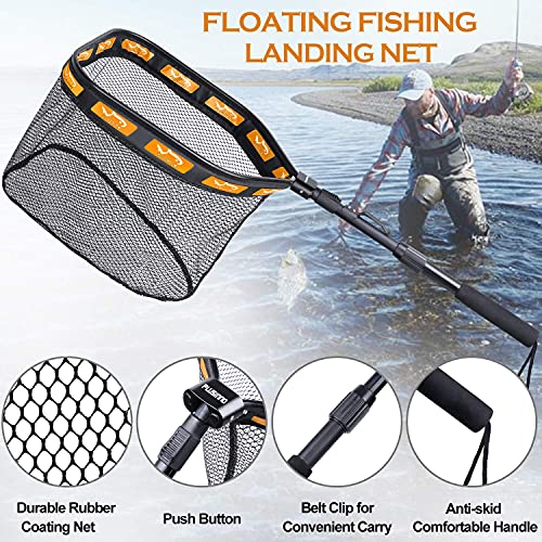 PLUSINNO Floating Fishing Net for Steelhead, Salmon, Fly, Kayak, Catfish, Bass, Trout Fishing, Rubber Coated Foldable Landing Net with Fixed or Telescoping Pole Handle, Fishing Gear and Gifts for Men - color: 19.7"/50cm Hoop Size length 1.35M Orange (Tele