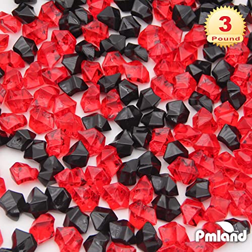 PMLAND Clear Fake Ice Rocks – 550 Pcs Large Acrylic Gems Crushed Plastic Diamonds, Black & Red (3Lbs/2.25 Quarts) – Bulk Vase Filler for Centerpieces Theme Décor Aquarium Table Scatter - color: Red and Black