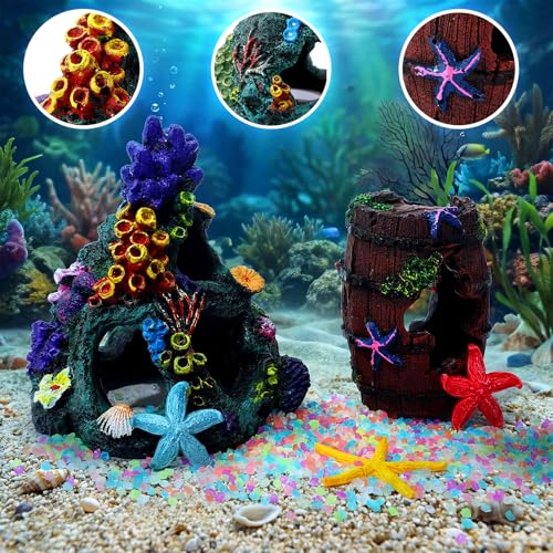 8 Pcs Aquarium Decorations Large Fish Tank Decorations Colorful Coral Reef Broken Barrel Decor Glowing Artificial Plants Ornament Resin Starfish Rainbow Glow in the Dark Fish Tank Gravel