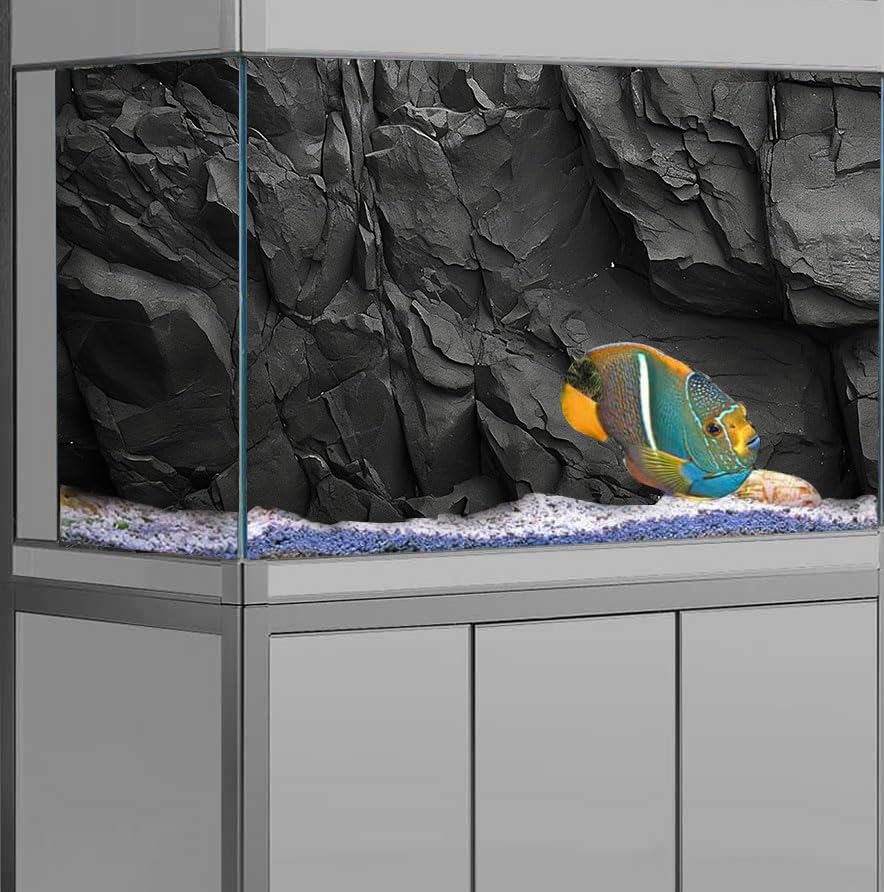 Stone Aquarium Background, Underwater Black Rock Fish Tank Background Rocky Terrarium Background, Polyester Background with 6 EVA Double-Sided Tapes 48x24 inches/120x60cm - color: Stone, size: 48"L x 24"W