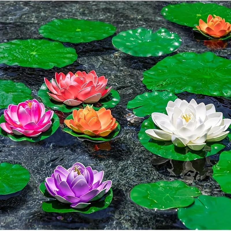 12 Pcs Artificial Floating Foam Lotus Flower with Water Lily Pad, Lifelike Ornaments Home Garden Pond Decor Indian Decorations Return Gifts