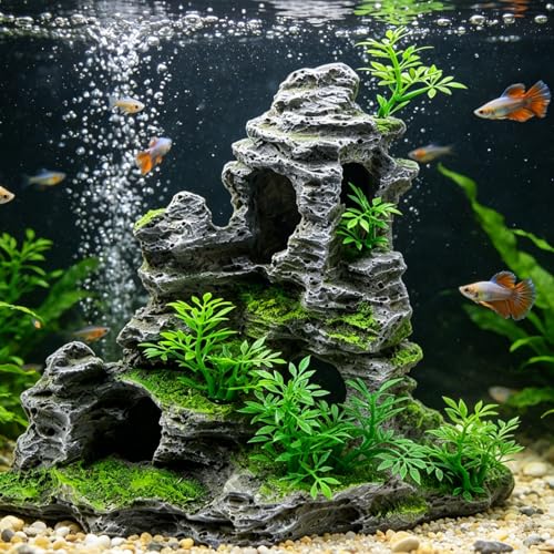 Saim Aquarium Mountain View Stone Ornament, Artificial Mountain Hill View Stone Rock Cave Aquarium Decorations Fish Tank Decor for Betta Cichlids Hideaway Cave, Hermit Crab Hideout - Large - size: 11.5x6x10.6inch-L