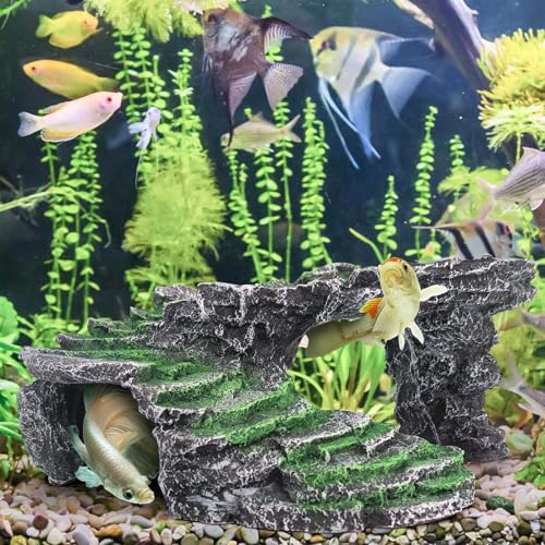 MoonOrange Turtle Basking Platform Kit, Reptile Habitat Hideout, Decorative Resin for Aquarium & Terrarium, Including Artificial Plant and Cleaning Brush. (B-Medium-Black)