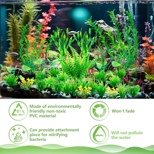 Ameliade Aquarium Artificial Green Plastic Plants Decorations 26 PCS Large Fish Tank Accessories Goldfish Betta Tank Decor