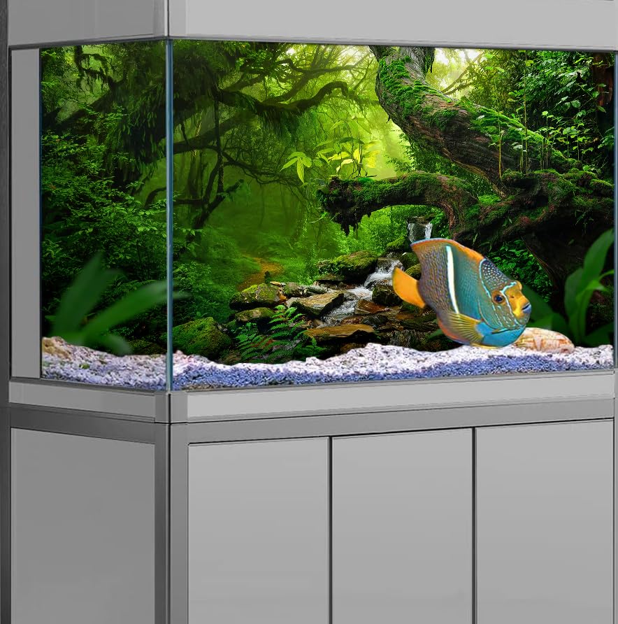 72X24IN Tropical Forest Green Huge Tree Reptile Habitat Aquarium Background, Green Natural Landscape Rainforest Fish Tank Decorations Background, Nature Art Terrarium Background - size: 72X24in/180X60cm